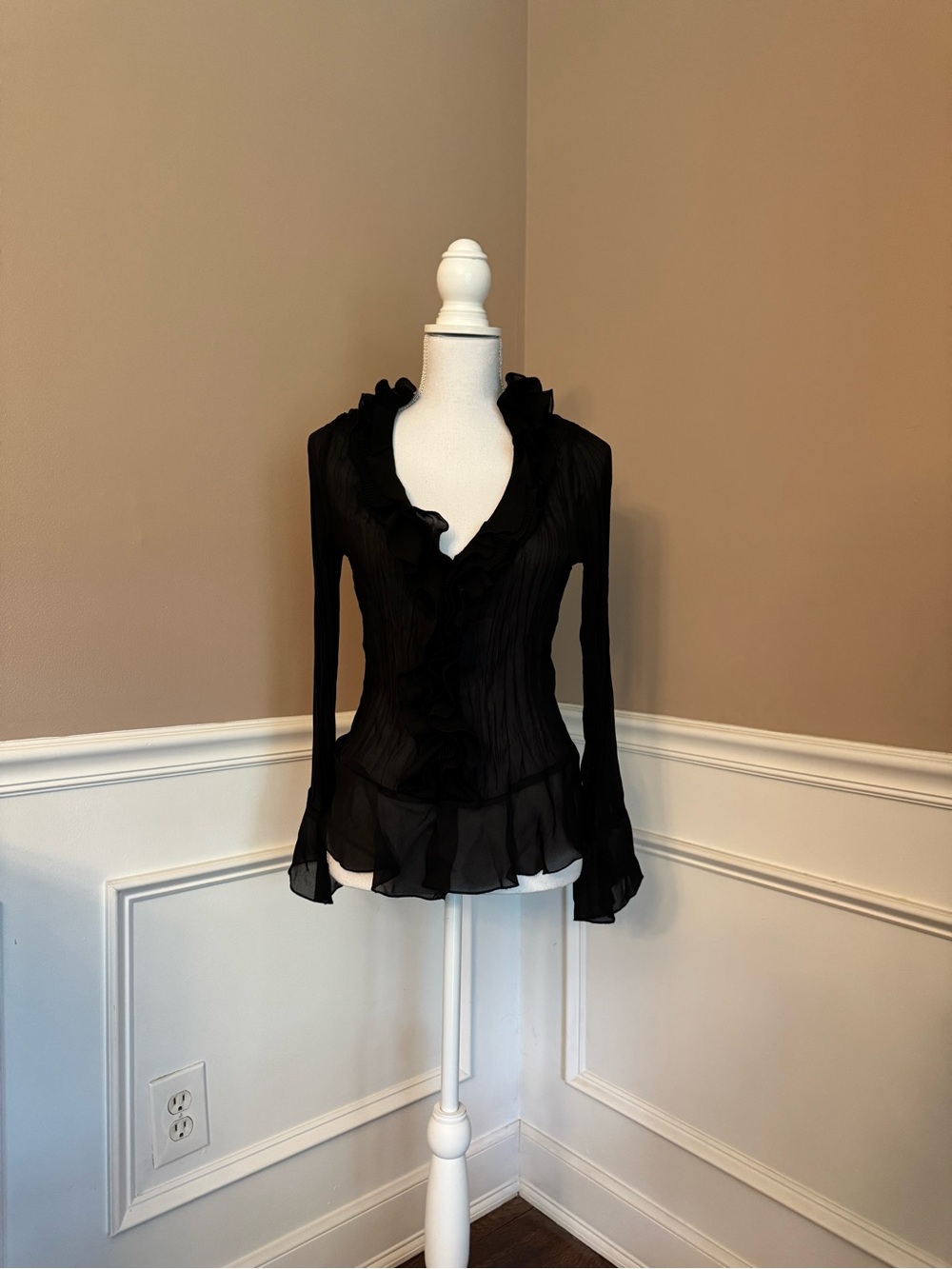 Sunny Leigh Black Sheer Ruffle-Trim Blouse